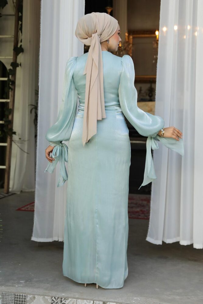 Tesettürlü Abiye Elbise - Drape Detaylı Mint Tesettür Abiye Elbise 47261MINT - 4