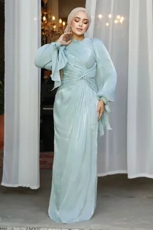 Tesettürlü Abiye Elbise - Drape Detaylı Mint Tesettür Abiye Elbise 47261MINT 