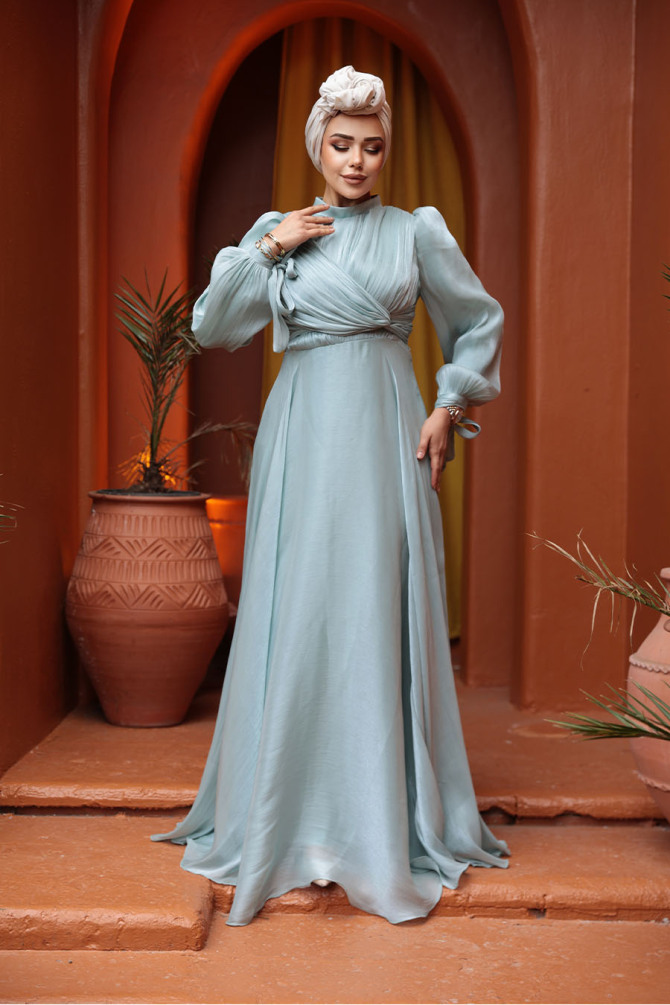 Tesettürlü Abiye Elbise - Drape Detaylı Mint Tesettür Abiye Elbise 4823MINT - 1