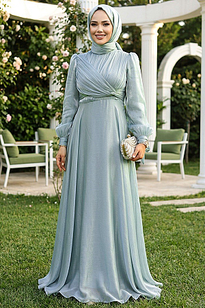 Tesettürlü Abiye Elbise - Drape Detaylı Mint Tesettür Abiye Elbise 4823MINT 
