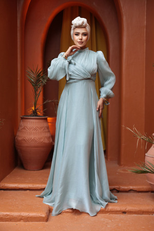 Tesettürlü Abiye Elbise - Drape Detaylı Mint Tesettür Abiye Elbise 4823MINT - 2