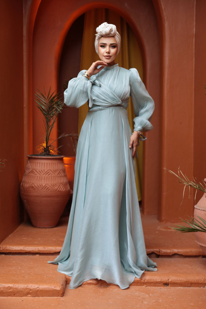 Tesettürlü Abiye Elbise - Drape Detaylı Mint Tesettür Abiye Elbise 4823MINT - 2