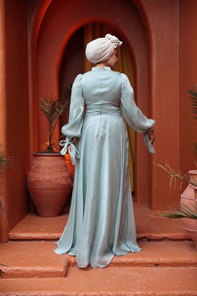 Tesettürlü Abiye Elbise - Drape Detaylı Mint Tesettür Abiye Elbise 4823MINT - 3