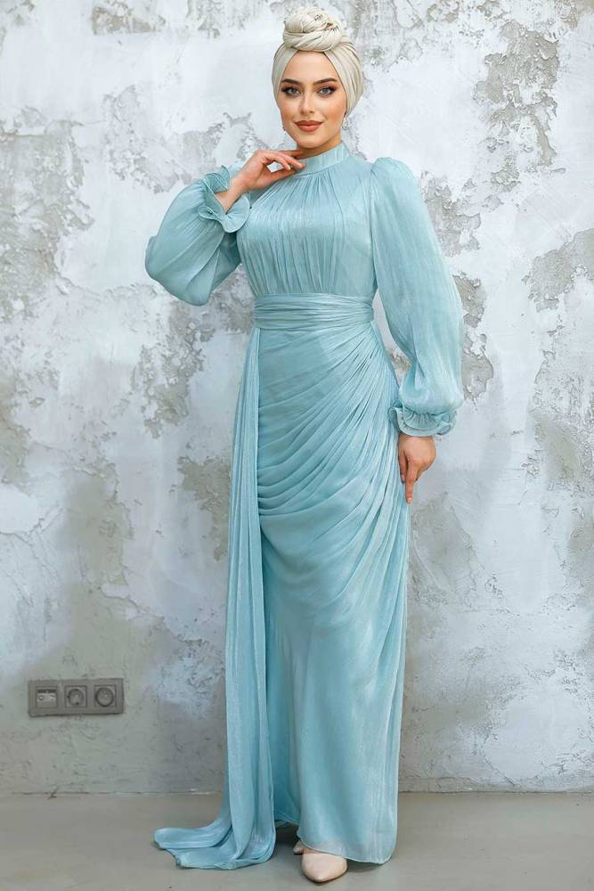 Tesettürlü Abiye Elbise - Drape Detaylı Mint Tesettür Abiye Elbise 4934MINT - 2
