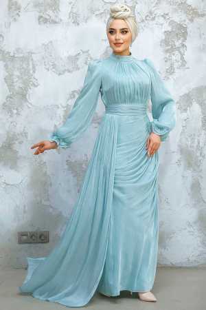Tesettürlü Abiye Elbise - Drape Detaylı Mint Tesettür Abiye Elbise 4934MINT - 1