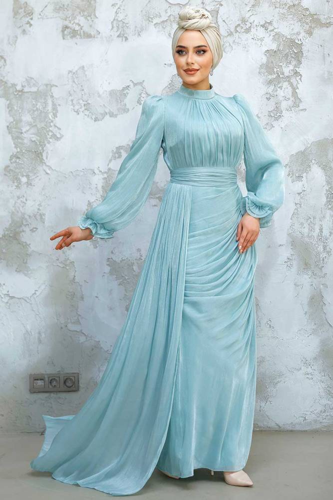 Tesettürlü Abiye Elbise - Drape Detaylı Mint Tesettür Abiye Elbise 4934MINT - 1