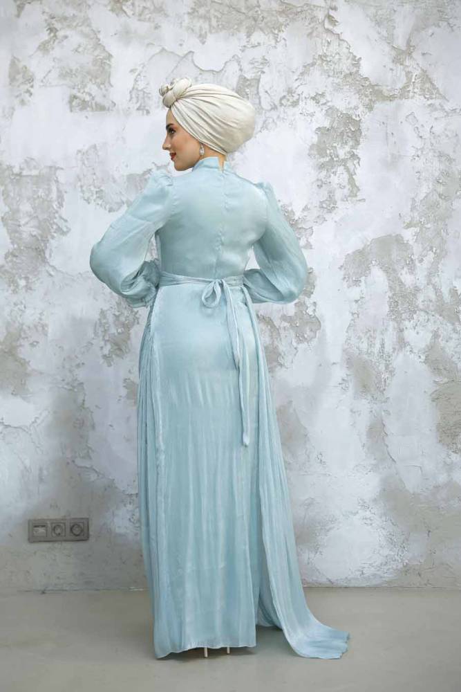 Tesettürlü Abiye Elbise - Drape Detaylı Mint Tesettür Abiye Elbise 4934MINT - 3