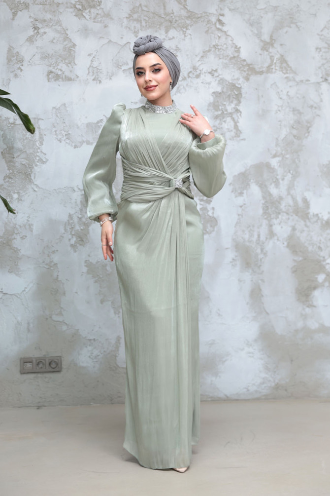 Tesettürlü Abiye Elbise - Drape Detaylı Mint Tesettür Abiye Elbise 50581MINT - 2