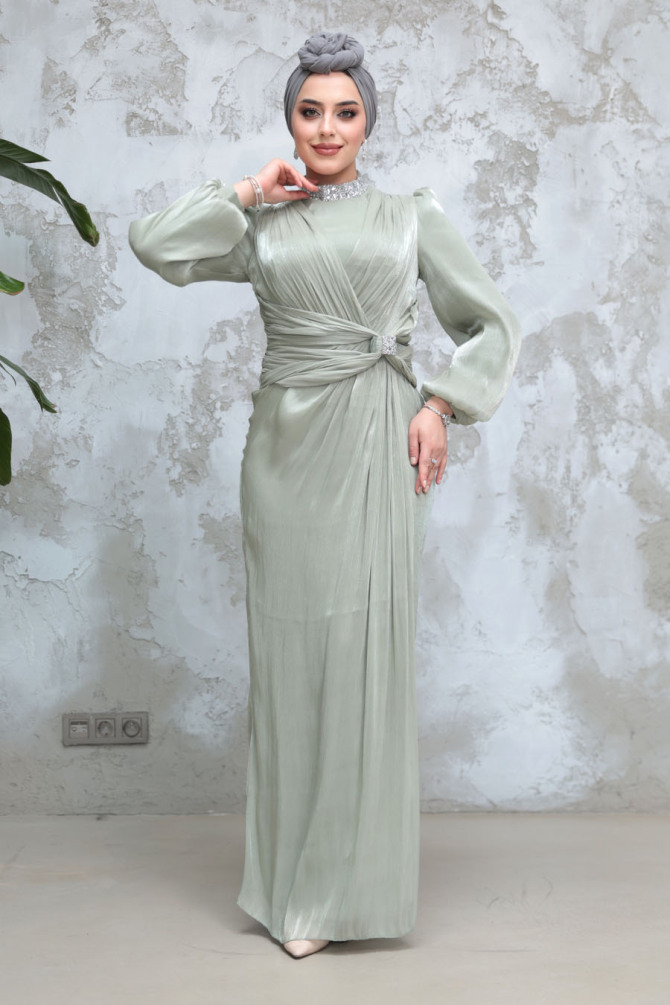 Tesettürlü Abiye Elbise - Drape Detaylı Mint Tesettür Abiye Elbise 50581MINT - 3
