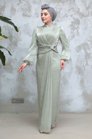 Tesettürlü Abiye Elbise - Drape Detaylı Mint Tesettür Abiye Elbise 50581MINT - 4