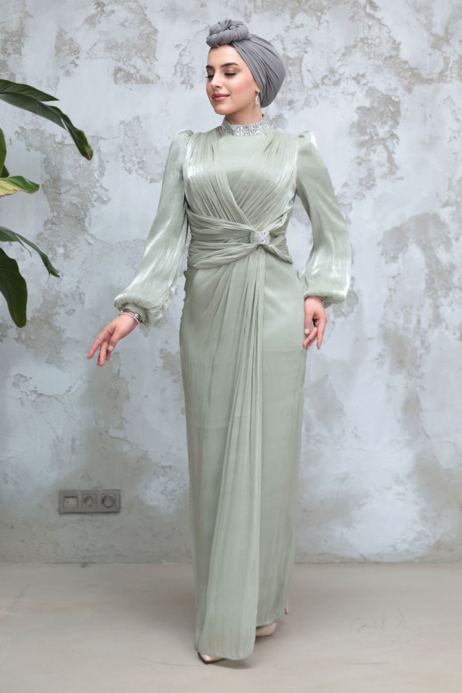 Tesettürlü Abiye Elbise - Drape Detaylı Mint Tesettür Abiye Elbise 50581MINT - 4