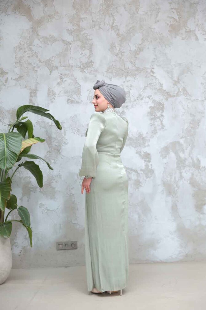Tesettürlü Abiye Elbise - Drape Detaylı Mint Tesettür Abiye Elbise 50581MINT - 5