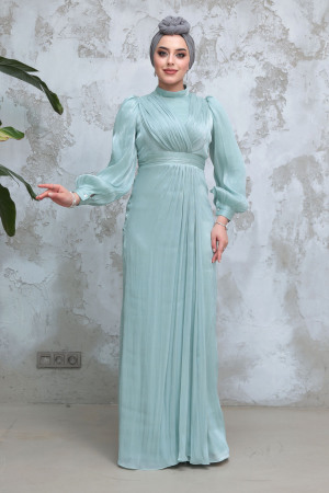 Tesettürlü Abiye Elbise - Drape Detaylı Mint Tesettür Abiye Elbise 50921MINT - 2