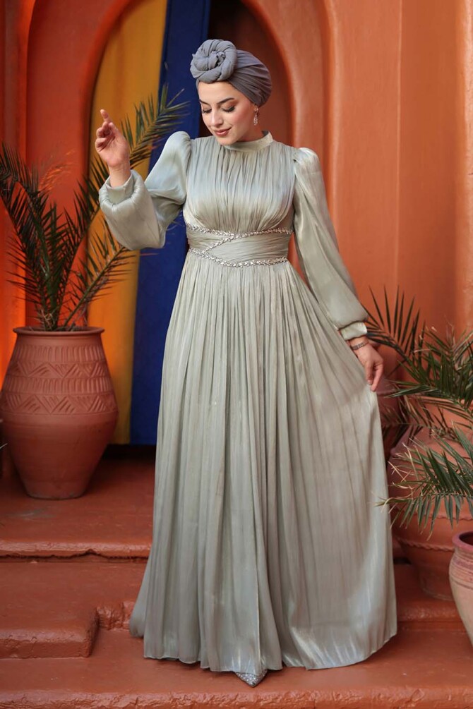 Tesettürlü Abiye Elbise - Drape Detaylı Mint Tesettür Abiye Elbise 54041MINT - 2