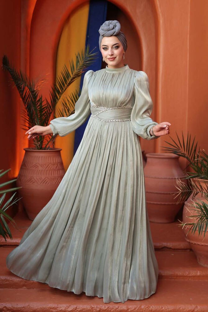 Tesettürlü Abiye Elbise - Drape Detaylı Mint Tesettür Abiye Elbise 54041MINT - 1