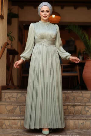 Tesettürlü Abiye Elbise - Drape Detaylı Mint Tesettür Abiye Elbise 54041MINT 