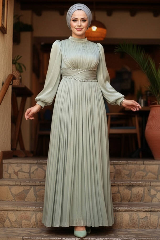 Tesettürlü Abiye Elbise - Drape Detaylı Mint Tesettür Abiye Elbise 54041MINT - 1