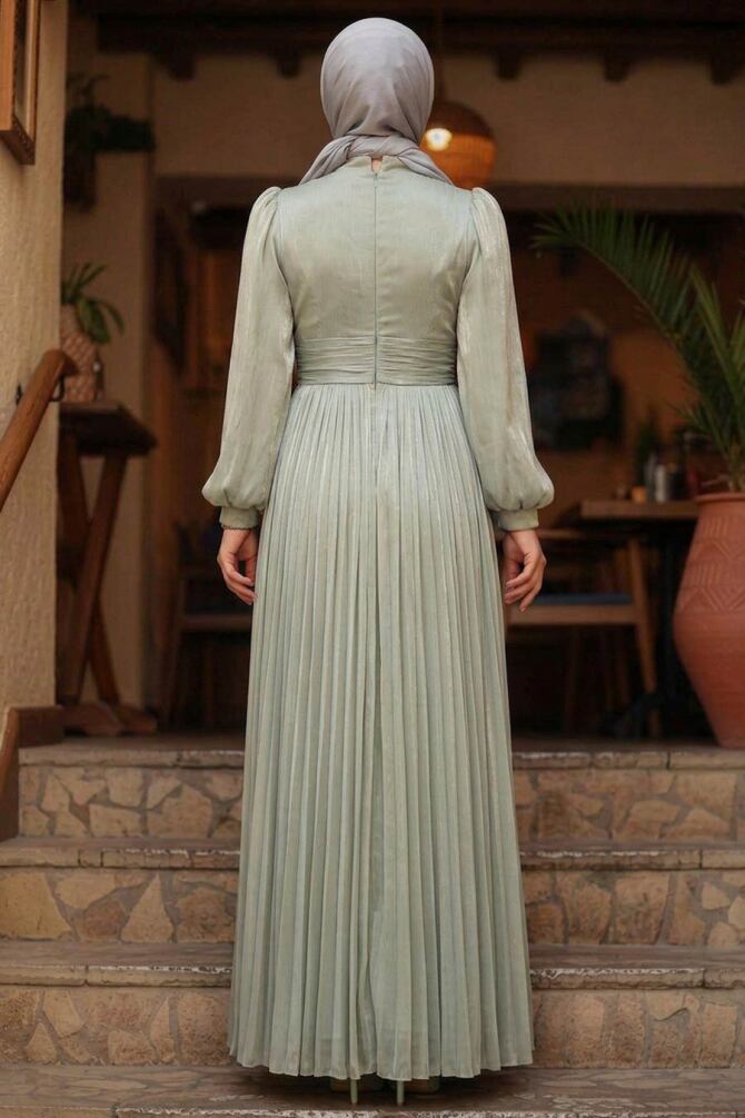 Tesettürlü Abiye Elbise - Drape Detaylı Mint Tesettür Abiye Elbise 54041MINT - 2