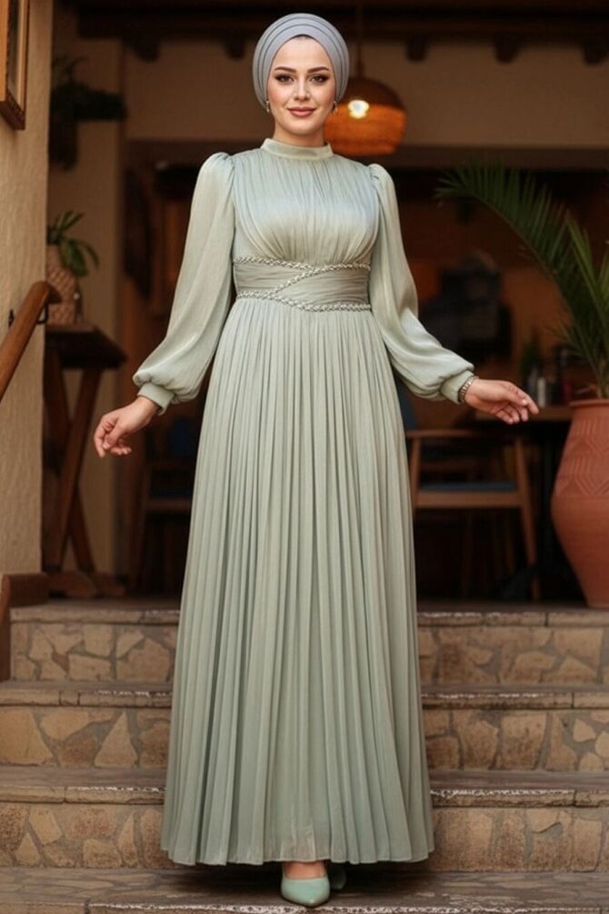 Tesettürlü Abiye Elbise - Drape Detaylı Mint Tesettür Abiye Elbise 54041MINT - 1