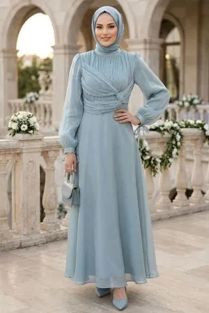 Tesettürlü Abiye Elbise - Drape Detaylı Mint Tesettür Abiye Elbise 62201MINT 