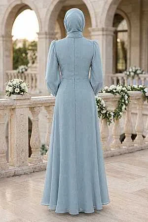 Tesettürlü Abiye Elbise - Drape Detaylı Mint Tesettür Abiye Elbise 62201MINT - 2