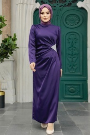 Tesettürlü Abiye Elbise - Drape Detaylı Mor Tesettür Saten Abiye Elbise 5940MOR - Thumbnail
