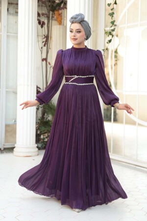Tesettürlü Abiye Elbise - Drape Detaylı Mürdüm Tesettür Abiye Elbise 54041MU - 1