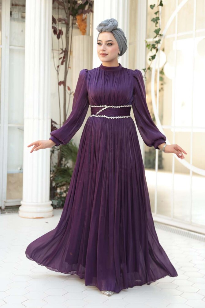 Tesettürlü Abiye Elbise - Drape Detaylı Mürdüm Tesettür Abiye Elbise 54041MU - 1