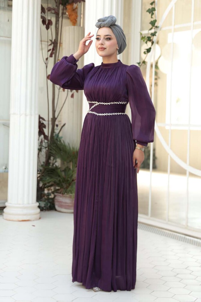Tesettürlü Abiye Elbise - Drape Detaylı Mürdüm Tesettür Abiye Elbise 54041MU - 2