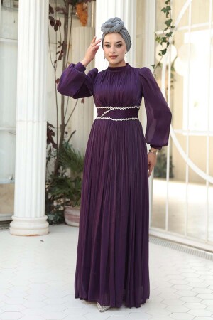 Tesettürlü Abiye Elbise - Drape Detaylı Mürdüm Tesettür Abiye Elbise 54041MU - 3