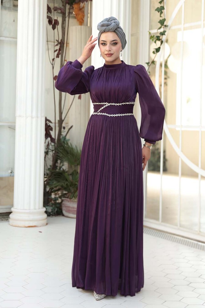 Tesettürlü Abiye Elbise - Drape Detaylı Mürdüm Tesettür Abiye Elbise 54041MU - 3