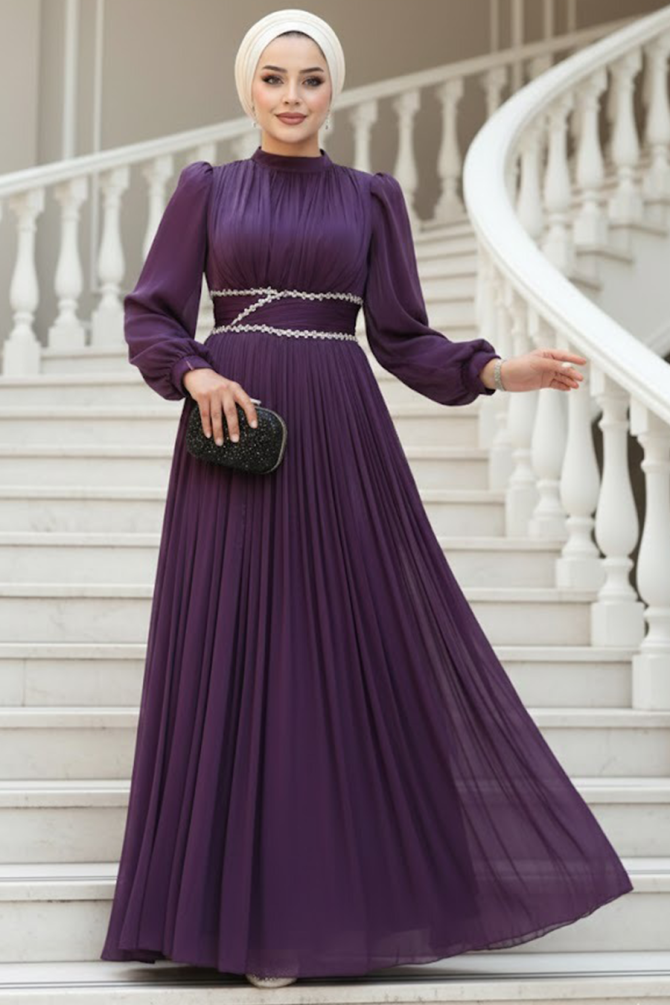 Tesettürlü Abiye Elbise - Drape Detaylı Mürdüm Tesettür Abiye Elbise 54041MU - 1