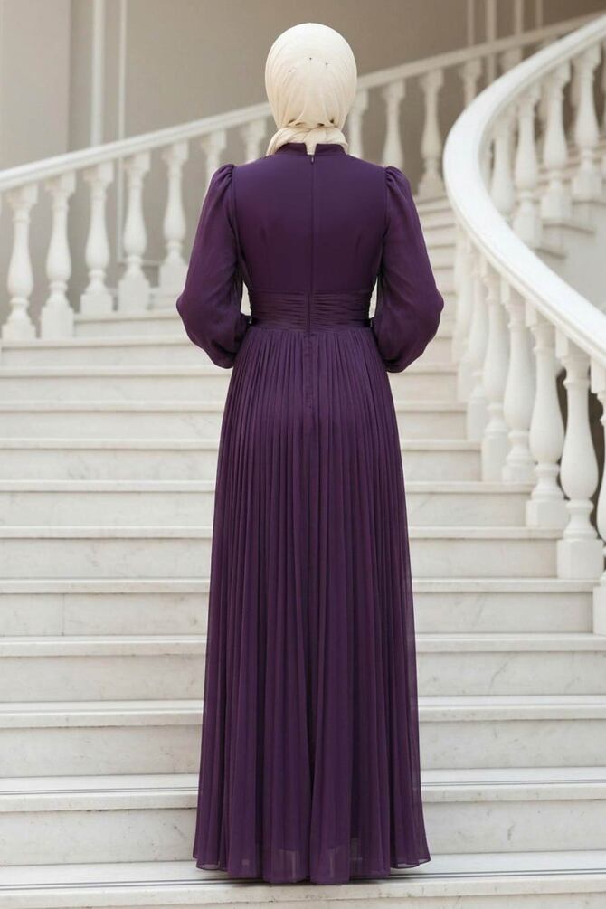 Tesettürlü Abiye Elbise - Drape Detaylı Mürdüm Tesettür Abiye Elbise 54041MU - 2