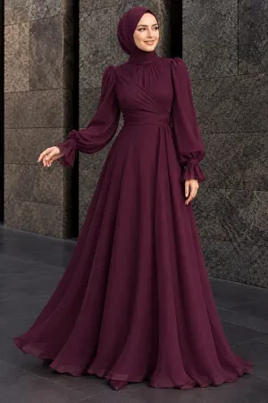 Tesettürlü Abiye Elbise - Drape Detaylı Murdum Tesettür Abiye Elbise 62201MU 