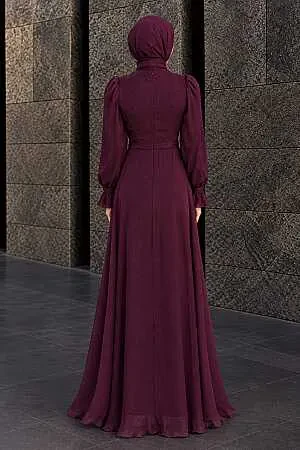 Tesettürlü Abiye Elbise - Drape Detaylı Murdum Tesettür Abiye Elbise 62201MU - 2