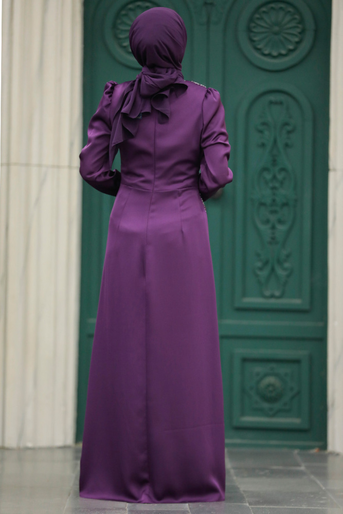 Tesettürlü Abiye Elbise - Drape Detaylı Mürdüm Tesettür Saten Abiye Elbise 40773MU - 3