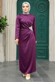 Tesettürlü Abiye Elbise - Drape Detaylı Mürdüm Tesettür Saten Abiye Elbise 5940MU - Thumbnail