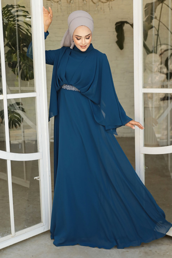 Tesettürlü Abiye Elbise - Drape Detaylı Petrol Yeşili Tesettür Abiye Elbise 25891PY - 2