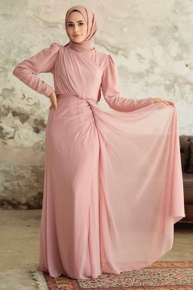 Tesettürlü Abiye Elbise - Drape Detaylı Pudra Tesettür Abiye 5736PD - 2