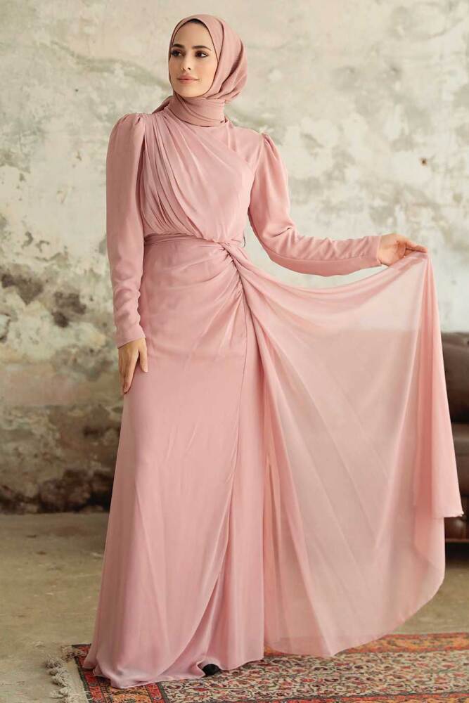 Tesettürlü Abiye Elbise - Drape Detaylı Pudra Tesettür Abiye 5736PD - 3