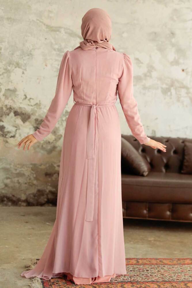 Tesettürlü Abiye Elbise - Drape Detaylı Pudra Tesettür Abiye 5736PD - 4