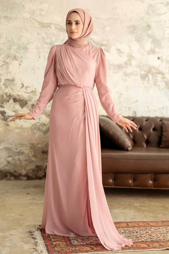 Tesettürlü Abiye Elbise - Drape Detaylı Pudra Tesettür Abiye 5736PD - 1