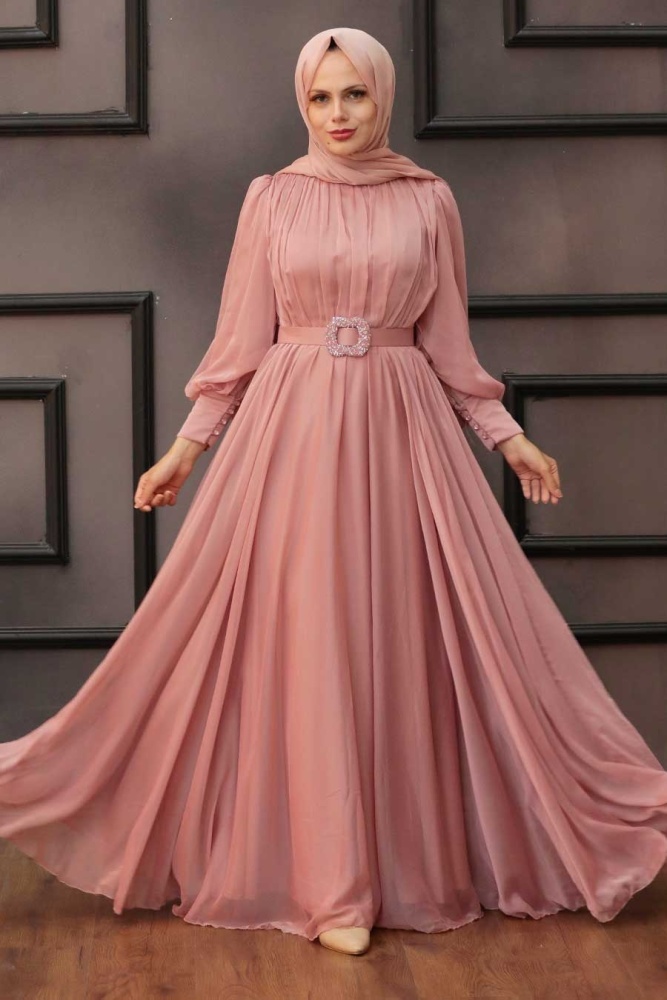 Tesettürlü Abiye Elbise - Drape Detaylı Pudra Tesettür Abiye Elbise 40221PD - 1
