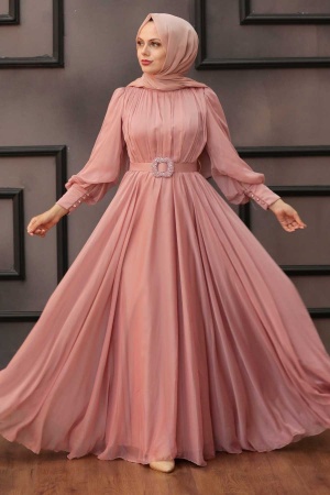 Tesettürlü Abiye Elbise - Drape Detaylı Pudra Tesettür Abiye Elbise 40221PD - 2