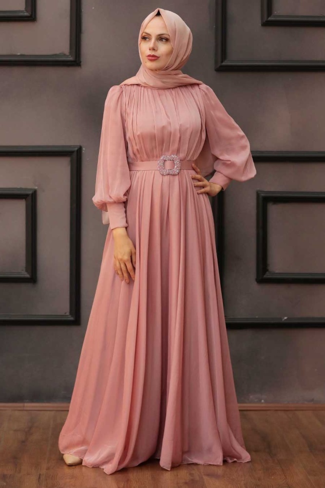 Tesettürlü Abiye Elbise - Drape Detaylı Pudra Tesettür Abiye Elbise 40221PD - 3