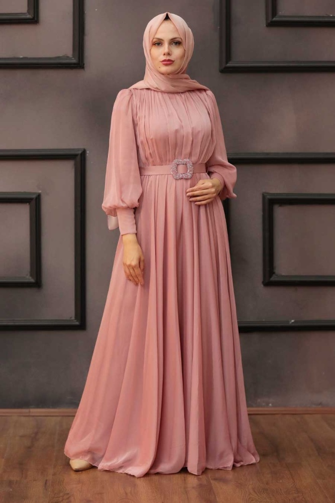 Tesettürlü Abiye Elbise - Drape Detaylı Pudra Tesettür Abiye Elbise 40221PD - 4