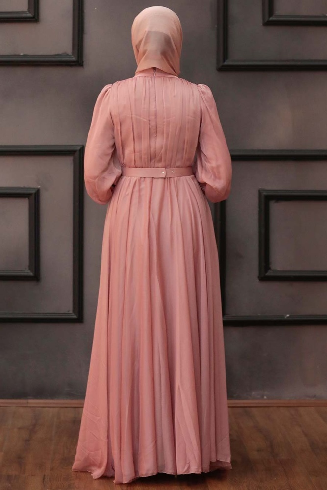 Tesettürlü Abiye Elbise - Drape Detaylı Pudra Tesettür Abiye Elbise 40221PD - 5