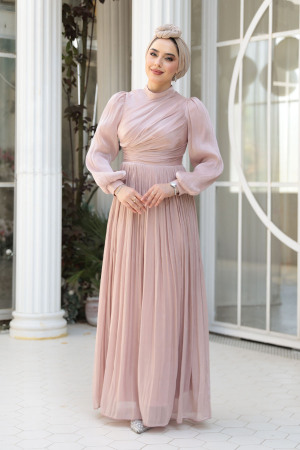 Tesettürlü Abiye Elbise - Drape Detaylı Pudra Tesettür Abiye Elbise 44081PD 