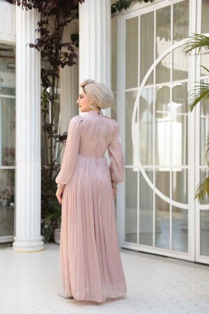 Tesettürlü Abiye Elbise - Drape Detaylı Pudra Tesettür Abiye Elbise 44081PD - 3
