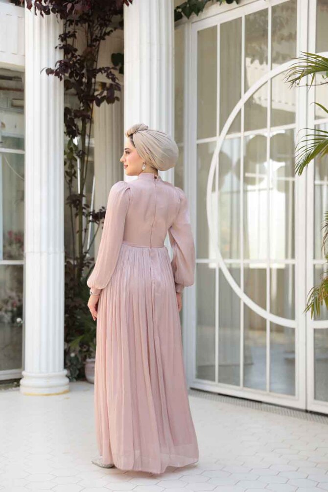 Tesettürlü Abiye Elbise - Drape Detaylı Pudra Tesettür Abiye Elbise 44081PD - 3